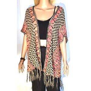 Taxi Short Sleeve Cardigan Duster with fringe coral, Black and Tan Medium
